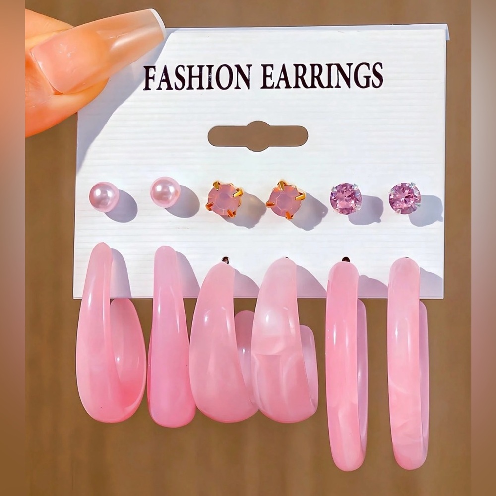 6 Pairs Pink Resin, & Inlaid Pink Crystals Stud & Hoop Earring Set